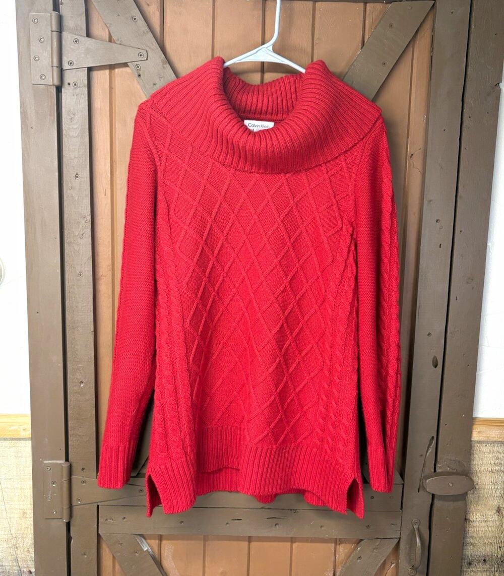 Calvin Klein Women’s Red Cable-Knit Cowl Neck Pullover Sweater Size L